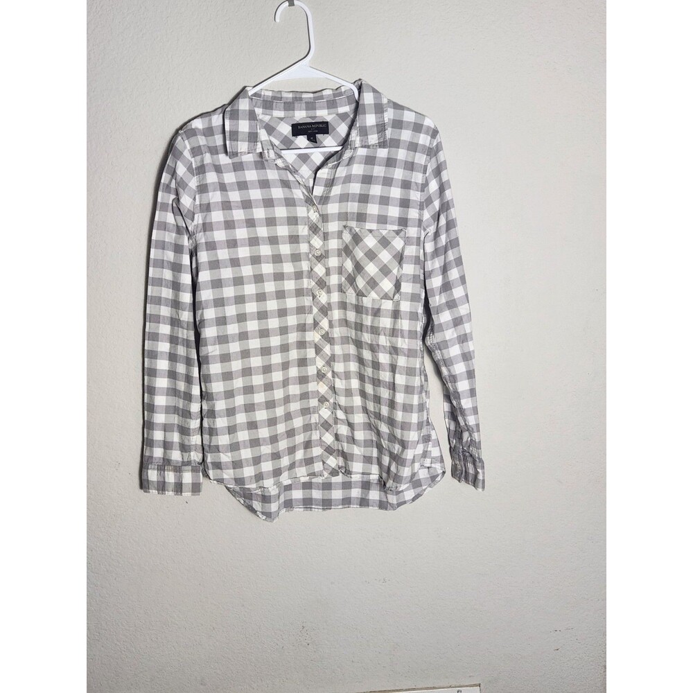Banana Republic Flannel Shirt Women Medium Gray White Button Ruffle 100% Cotton